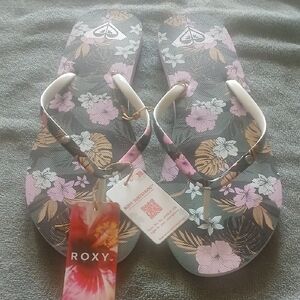 Roxy Black Flip Flops with Pink & Gold Floral Print